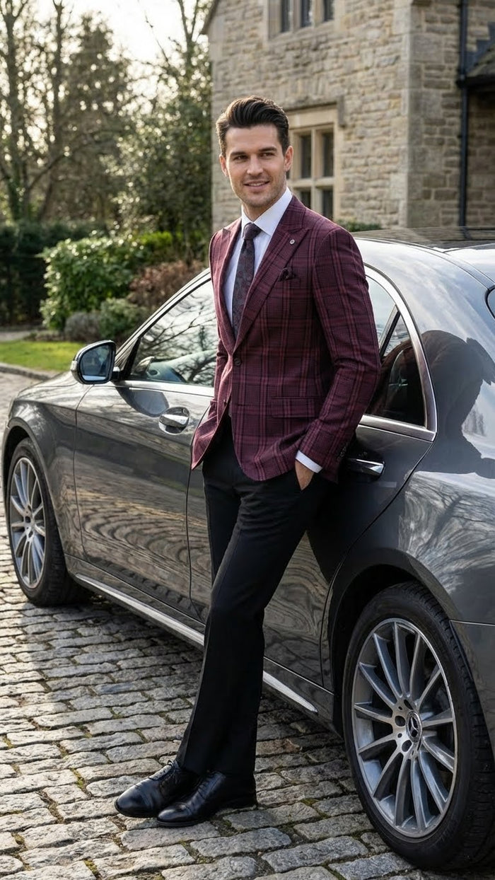 Men’s Burgundy Check Blazer - Windowpane Plaid blazer in Maroon Wine Color USA Men's Outlet