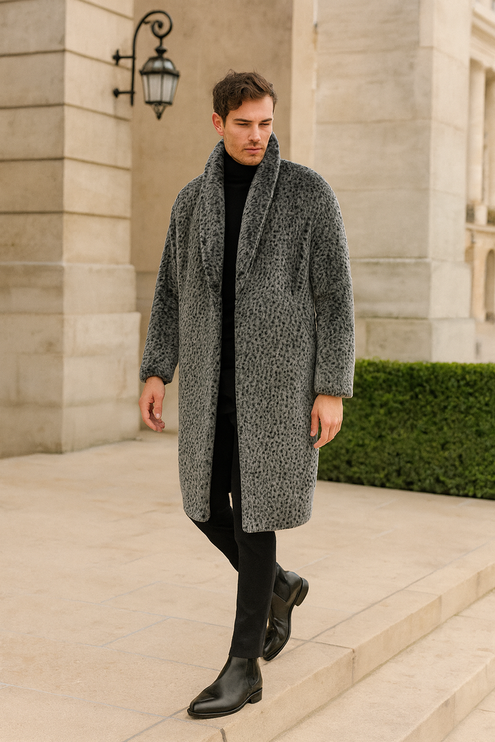 Men’s Luxury Long Grey Faux Fur Coat - Winter Overcoat with Animal Print Design by USA Men's Outlet