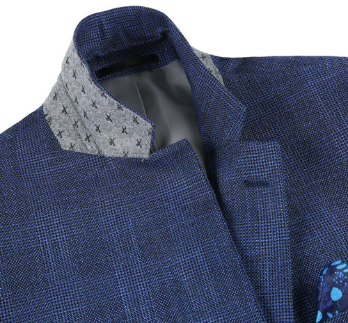 Mens Two Button Classic Fit Sport Coat Blazer in Navy Blue Windowpane Plaid by Renoirin