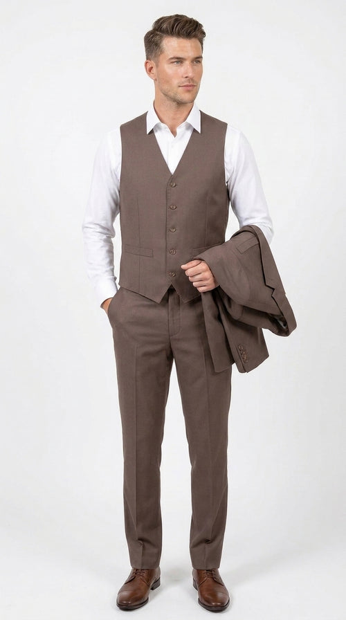 Men’s Zagarie Brand Light Brown Mocha 3-Piece Wool Suit – Modern Wedding, Business and Formal Suit with Pick Stitching