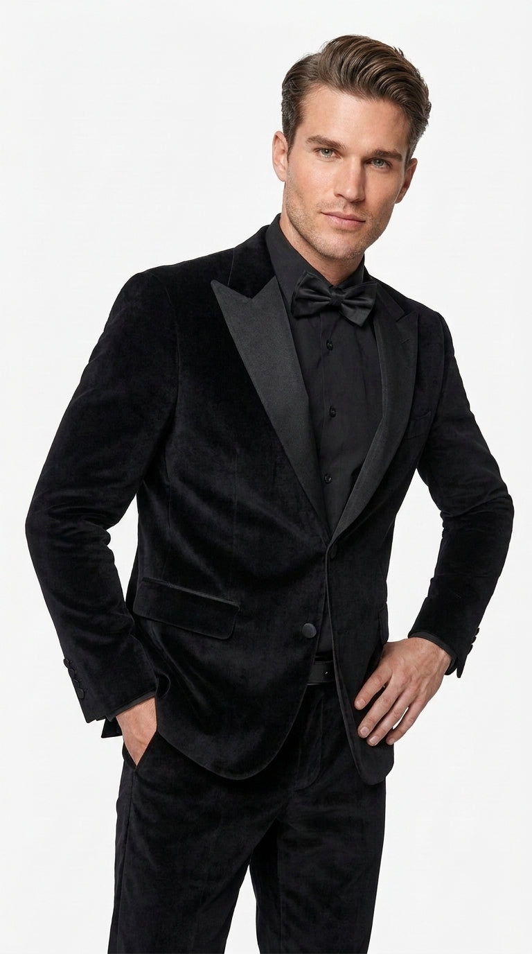 Men’s Black Velvet Tuxedo Suit – Peak Lapel Wedding, Prom and Formal Evening Velvet Pants