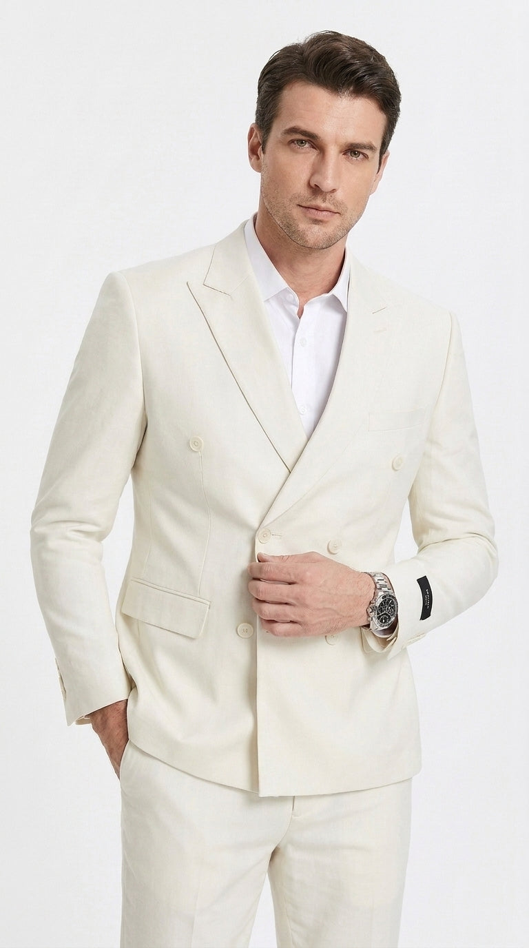 Men’s Ivory Cream Double-Breasted Linen Suit – Off-White Summer Wedding Slim Fitted 2-Piece Suit Cream Color