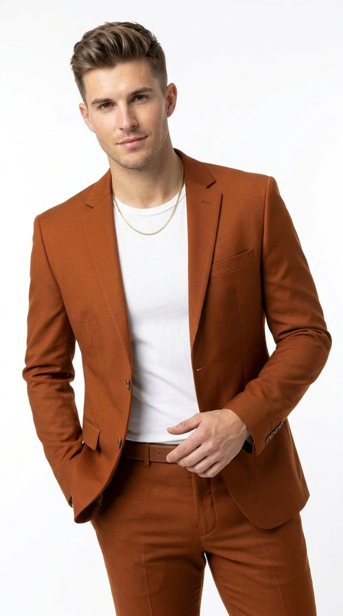 Men’s Burnt Orange Modern Fit Suit – Slim Fit Wedding, Prom and Formal 2-Piece Suit Copper Brick Color