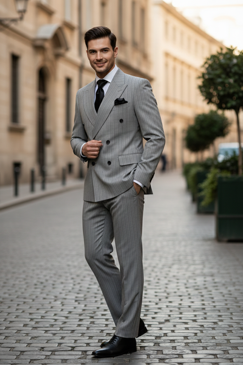 Men’s Grey and Black Pinstripe Double-Breasted Suit - 1920s Gangster Vintage Looking suit By Rossiman USA Men's Outlet
