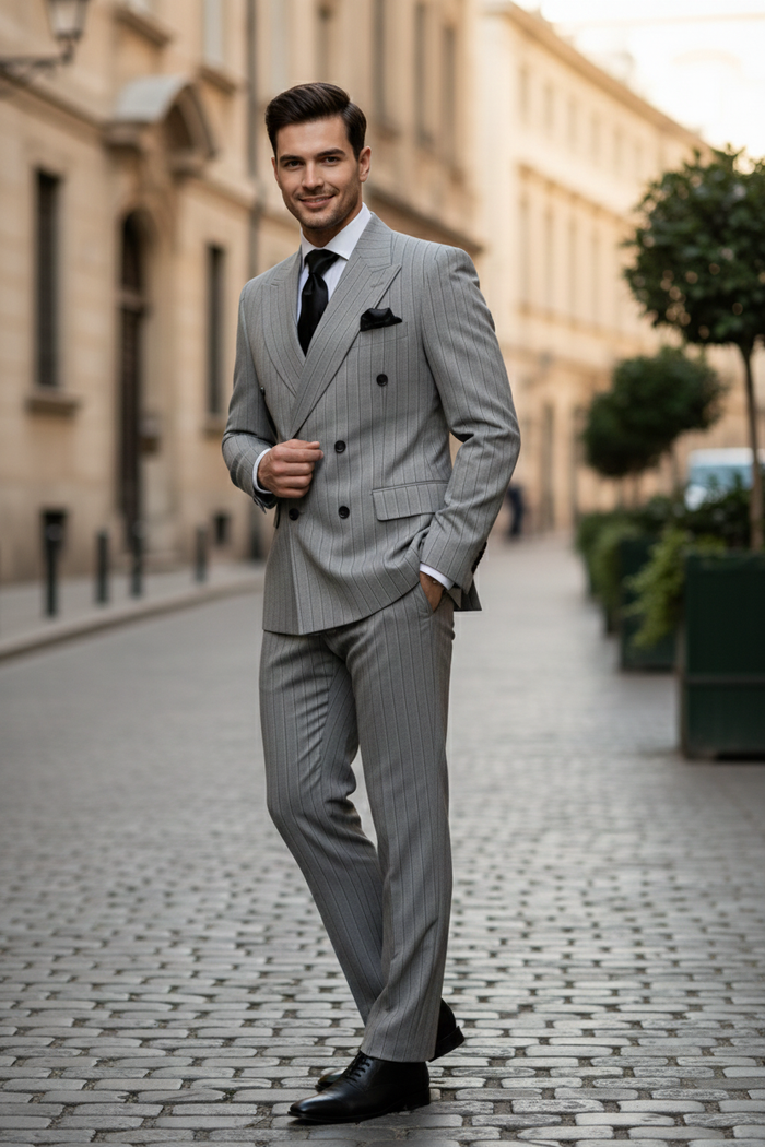 Men’s Grey and Black Pinstripe Double-Breasted Suit - 1920s Gangster Vintage Looking suit By Rossiman USA Men's Outlet