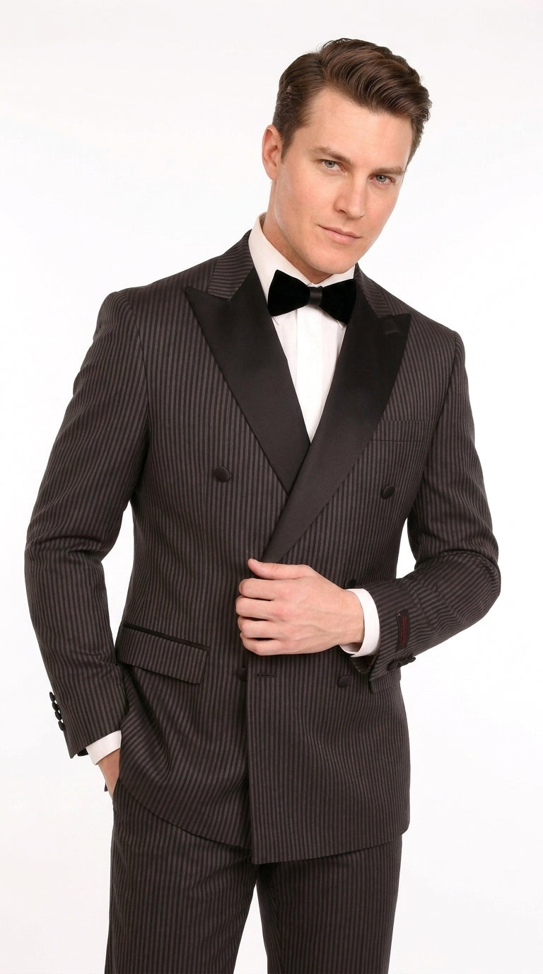 Men’s Black Shadow Pinstripe Double-Breasted Tuxedo Tone on Tone Formal Wedding  Suit Modern Fit 1920s Style