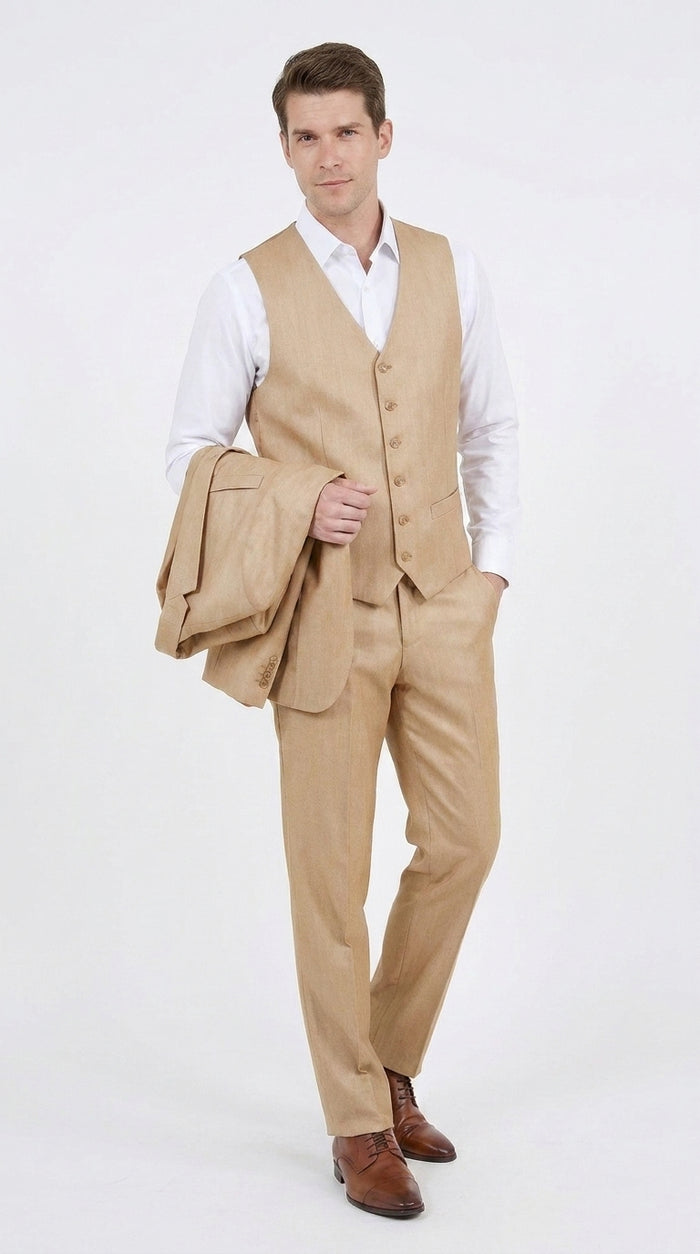 Men’s Camel Khaki Bronze Sharkskin 3-Piece Suit – Modern Wedding, Business and Formal Suit with Matching Vest