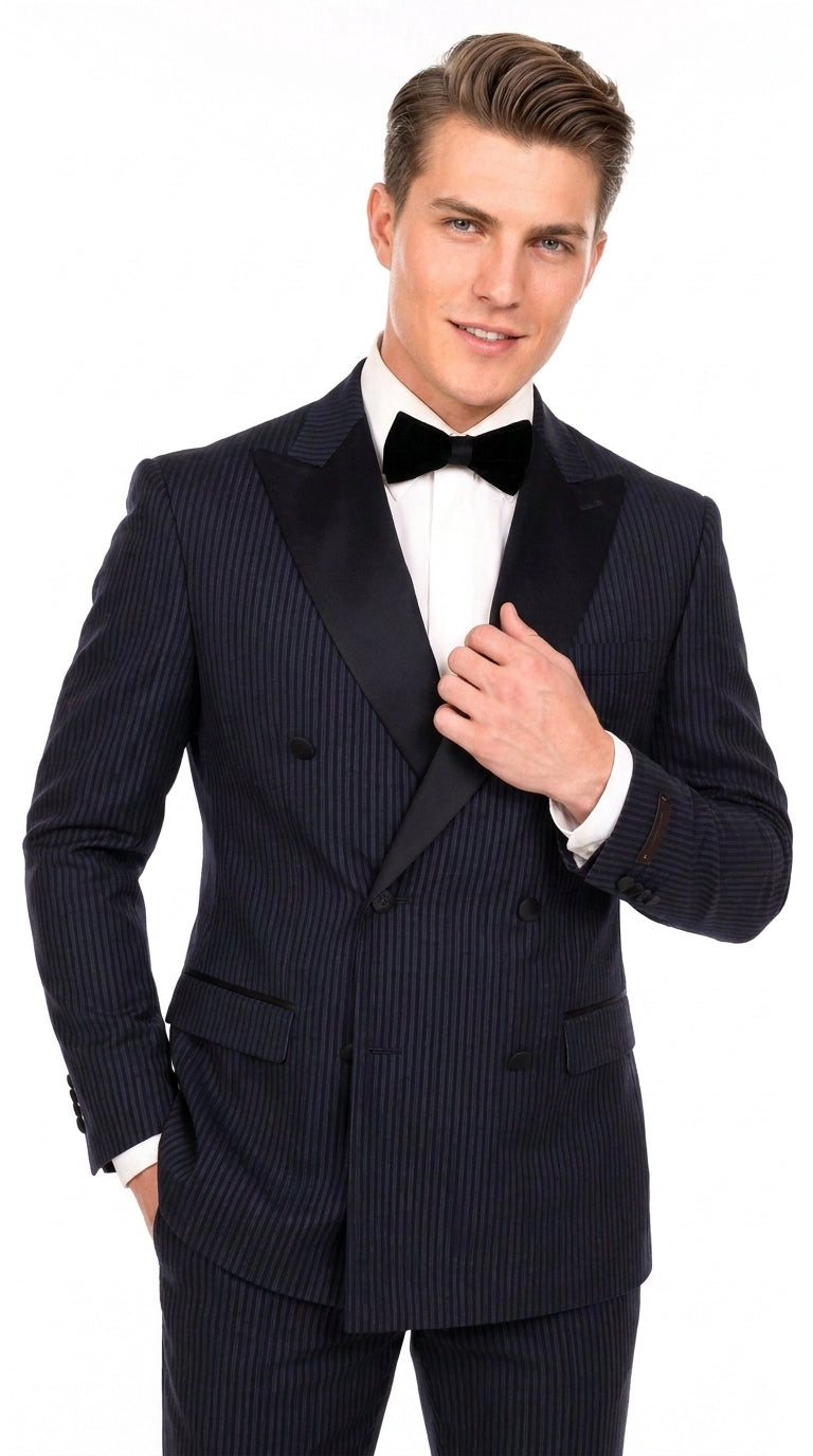 Men’s Navy Blue Double-Breasted Tuxedo – Tone-on-Tone Shadow Pinstripe Formal Wedding and Prom Suit