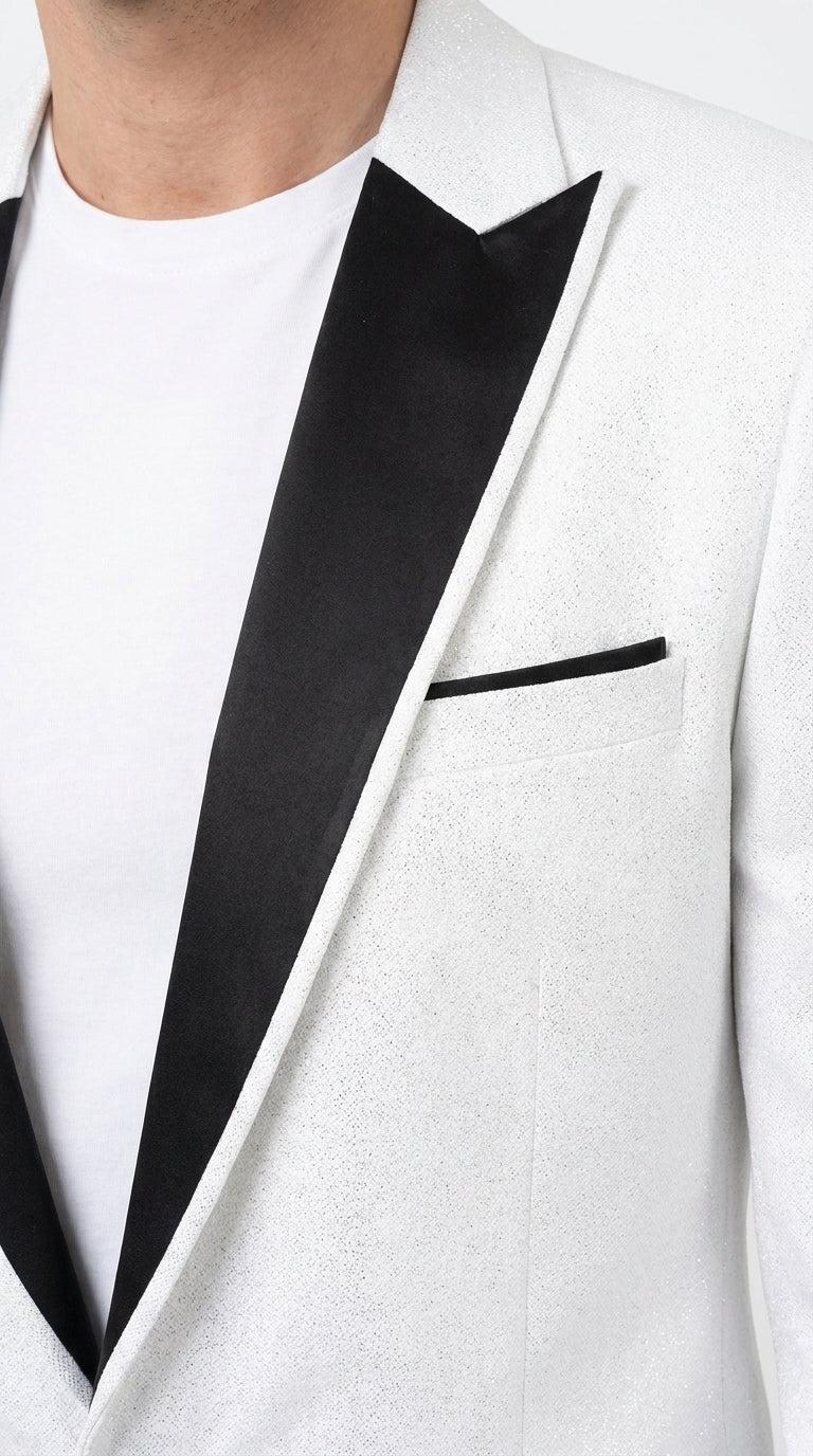 Men's White Sparkle Dinner Jacket – Black Satin Shawl Lapel Tuxedo Blazer   Slim Fit Sequin Shiny Prom Jacket