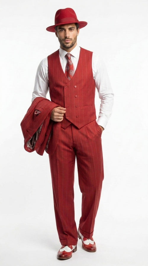 Men’s Red & White Pinstripe 3-Piece Suit by Mazari – Peak Lapel Classic Fit Gangster Suit with Pleated Pants