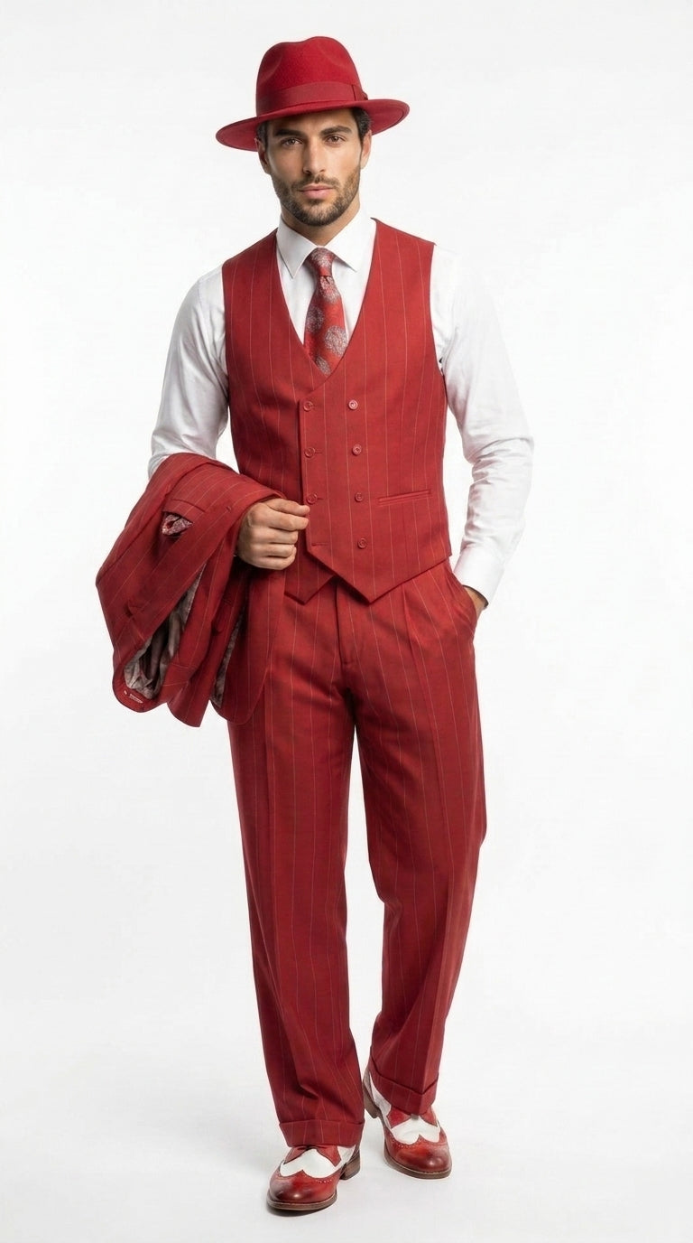 Men’s Red & White Pinstripe 3-Piece Suit by Mazari – Peak Lapel Classic Fit Gangster Suit with Pleated Pants