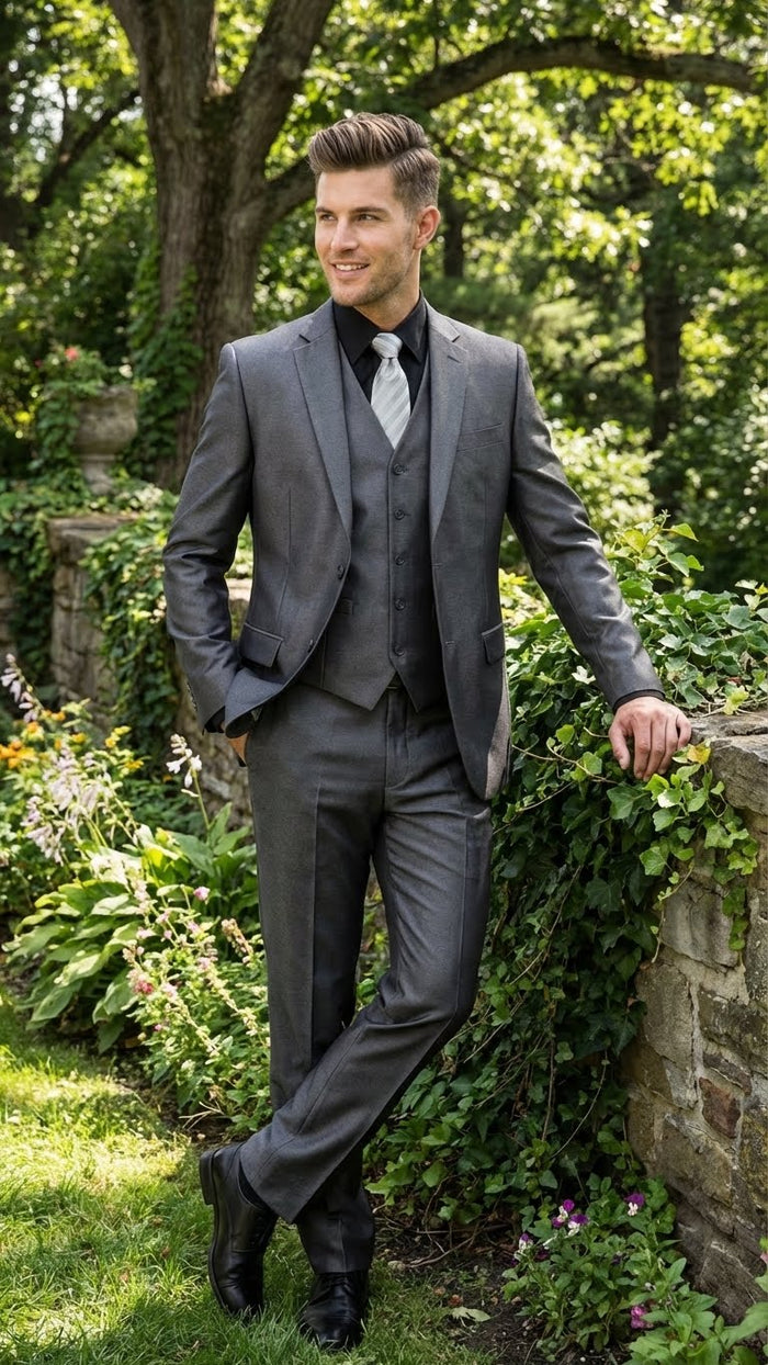 Mens Charcoal Gray Suit With Sheen - - Shiny Texture Fabric Three Piece Wedding and Party Business by USA Men's Outlet
