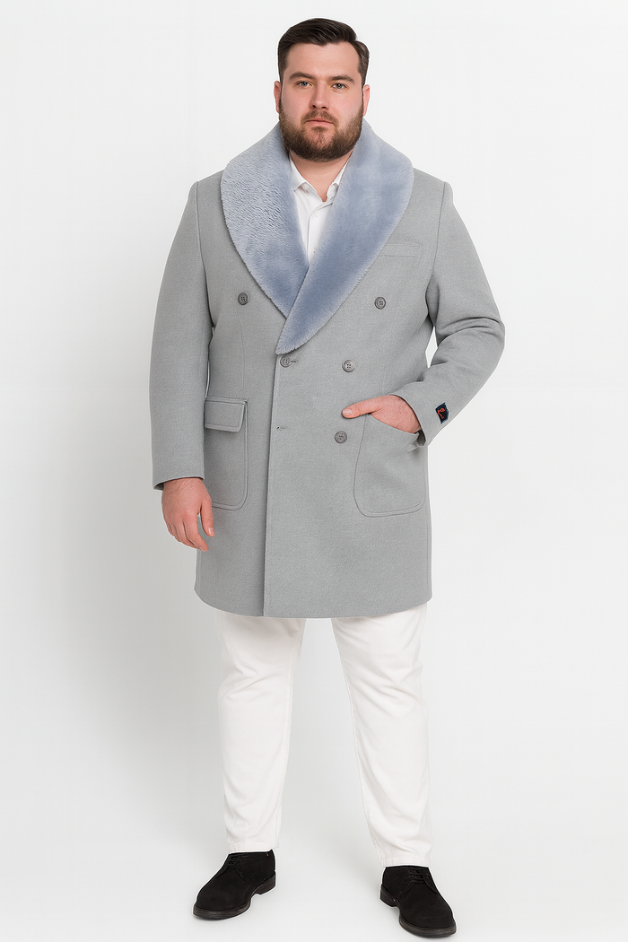 Men’s Light Grey Double Breasted Overcoat with Faux Fur Shawl Collar - Winter Luxury Coat Wool Fabric USA Men's Outlet