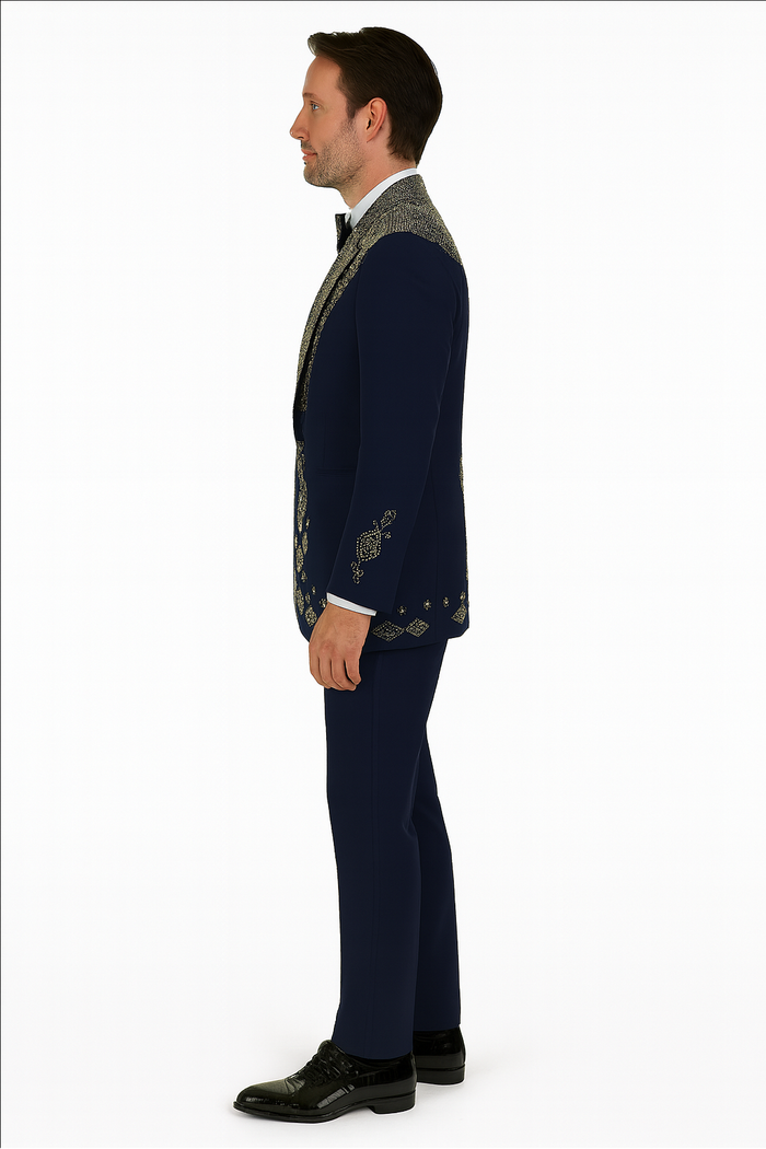 Men’s Navy Tuxedo with Gold Embroidery - Slim Fit Formal Dinner Jacket with Shawl Lapel by USA Men's Outlet