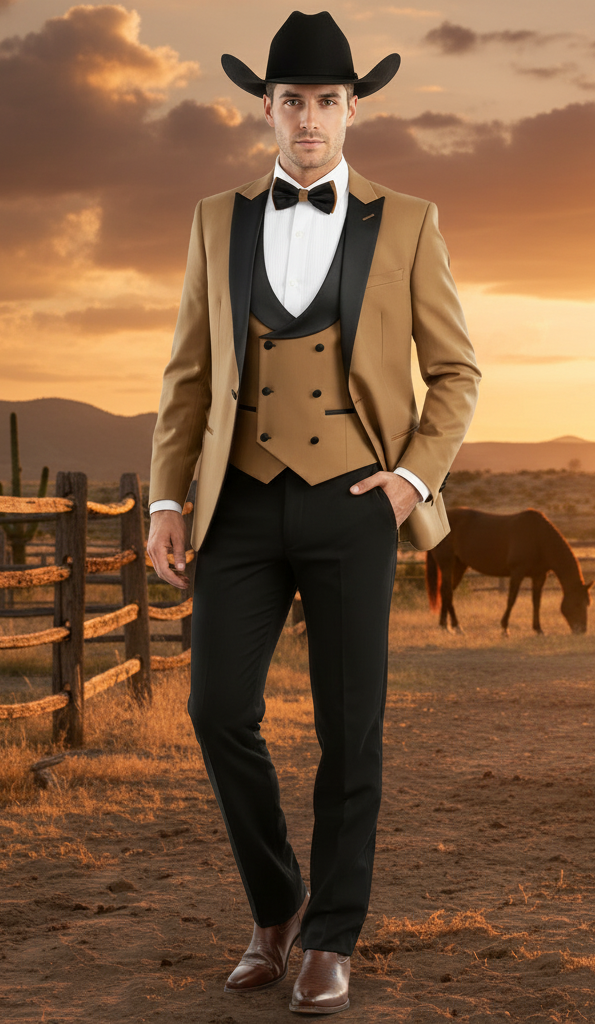 Men’s Western Cowboy Tuxedo - Tan and Black 3-Piece Suit with Satin Lapel and Vest in Mocca Coffee Color USA Men's Outlet