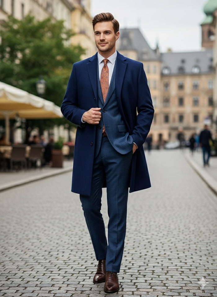 Mens Cobalt Blue Wool and Cashmere Car Coat Overcoat - Classic Winter Topcoat for Indigo Saphire Color (light Navy Dark Royal) by USA Men's Outlet