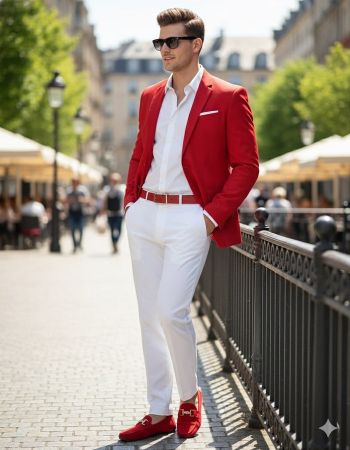 Mens Red Blazer and White Pants Set - Stylish Casual Dress Outfit For New Year Holiday and Christmas Suit by USA Men's Outlet