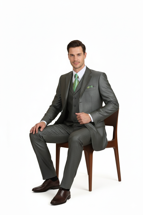 Men’s Olive Green 3-Piece Suit - Classic Fit with Vest and Tie Pleated Pants Three Buttons by Usamensoutlet