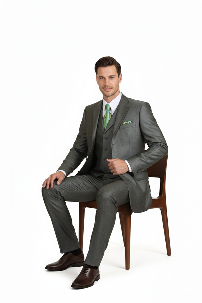 Men’s Olive Green 3-Piece Suit - Classic Fit with Vest and Tie Pleated Pants Three Buttons by Usamensoutlet