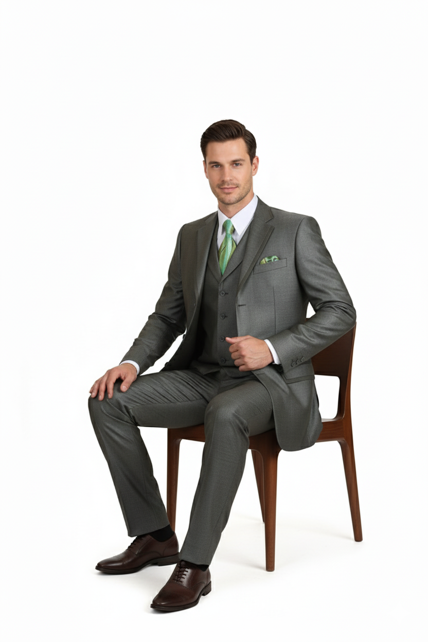 Men’s Olive Green 3-Piece Suit - Classic Fit with Vest and Tie Pleated Pants Three Buttons by Usamensoutlet