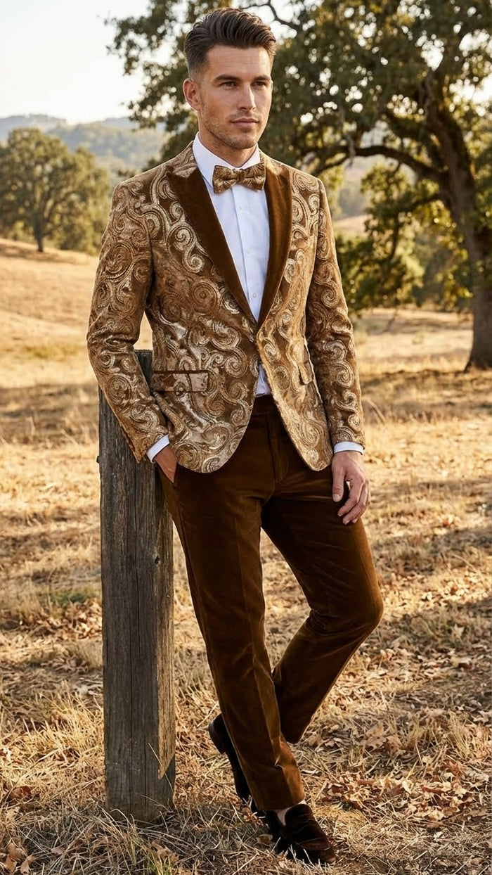 Men’s Goldish Light brown Tuxedo dinner Jacket Embroidered Blazer - Velvet Jacket for Formal Paisley Pattern Coffee Mocca Color by USA Men's Outlet