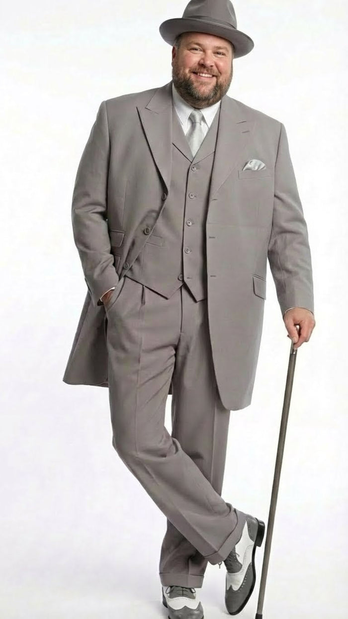 Men’s Gray Zoot Suit with Matching Hat and 1920s Shoes - Grey Vintage Wedding and Party Three Piece Suit by USA Men's Outlet