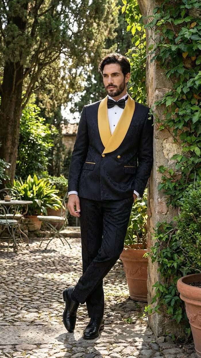 Men’s Black and Gold Jacquard Tuxedo Suit - Luxury Slim Fit Formal Wedding, Prom, and Gala Outfit by USA Men's Outlet