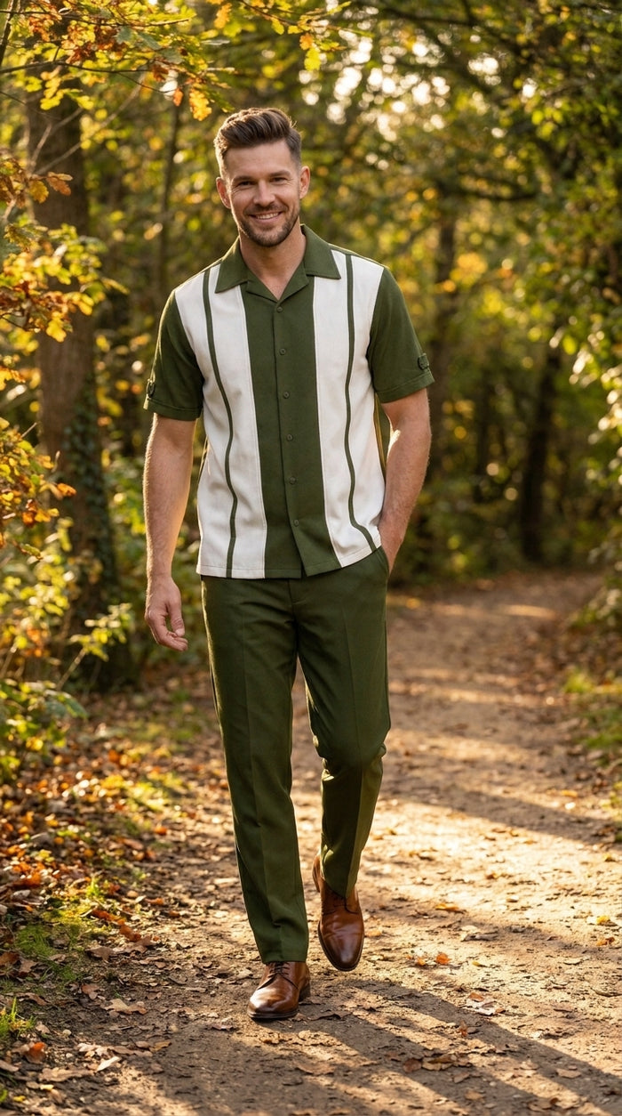 Men’s Olive Green and White Walking Suit – 2-Piece Short Sleeve Casual Leisure Outfit