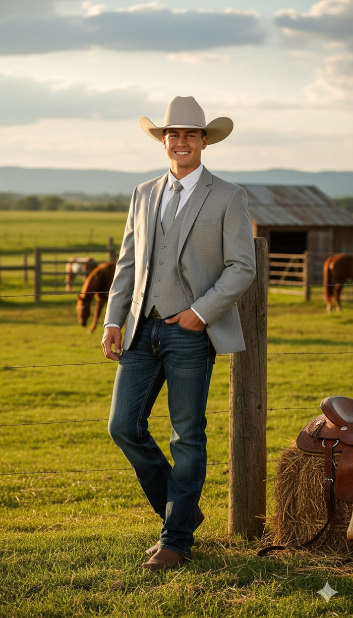 Saco Vaquero Mens Western Wedding Blazer – Light Gray Cowboy Suit Jacket for Rustic and Country Weddings