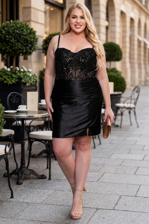 Poly USA W1178 Plus Size Short Beaded Satin Hoco Dress with Slit
