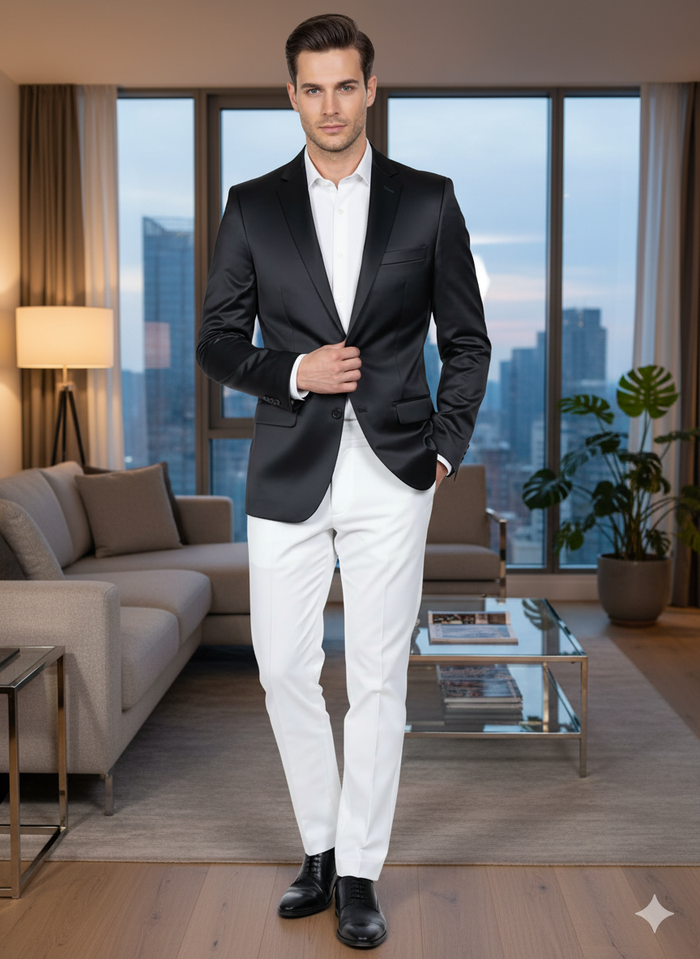 Men’s Black Satin Blazer - Classic Slim Fit Two-Button Formal Suit Jacket for Weddings, Parties, and Business Events by USA Men's Outlet