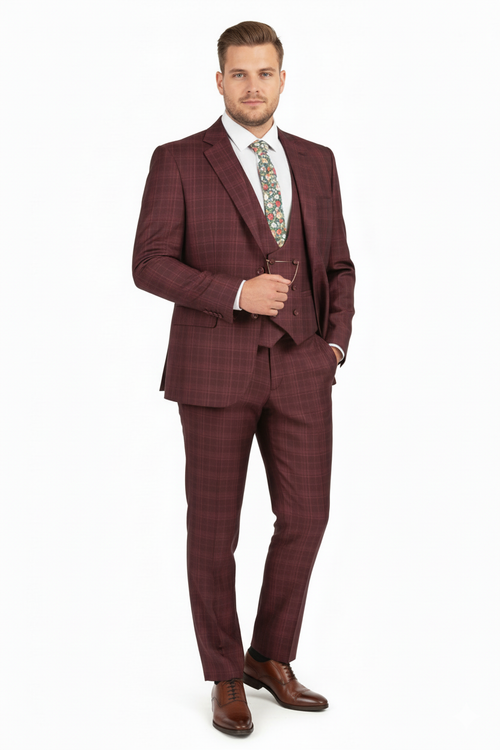Men’s Burgundy Checkered 3-Piece Suit - Windowpane Classic Fit Plaid Blazer with Vest and Pants by Usamensoutlet