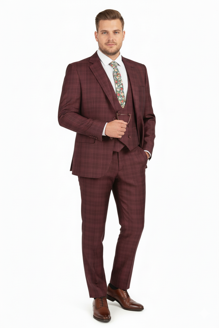 Men’s Burgundy Checkered 3-Piece Suit - Windowpane Classic Fit Plaid Blazer with Vest and Pants by Usamensoutlet