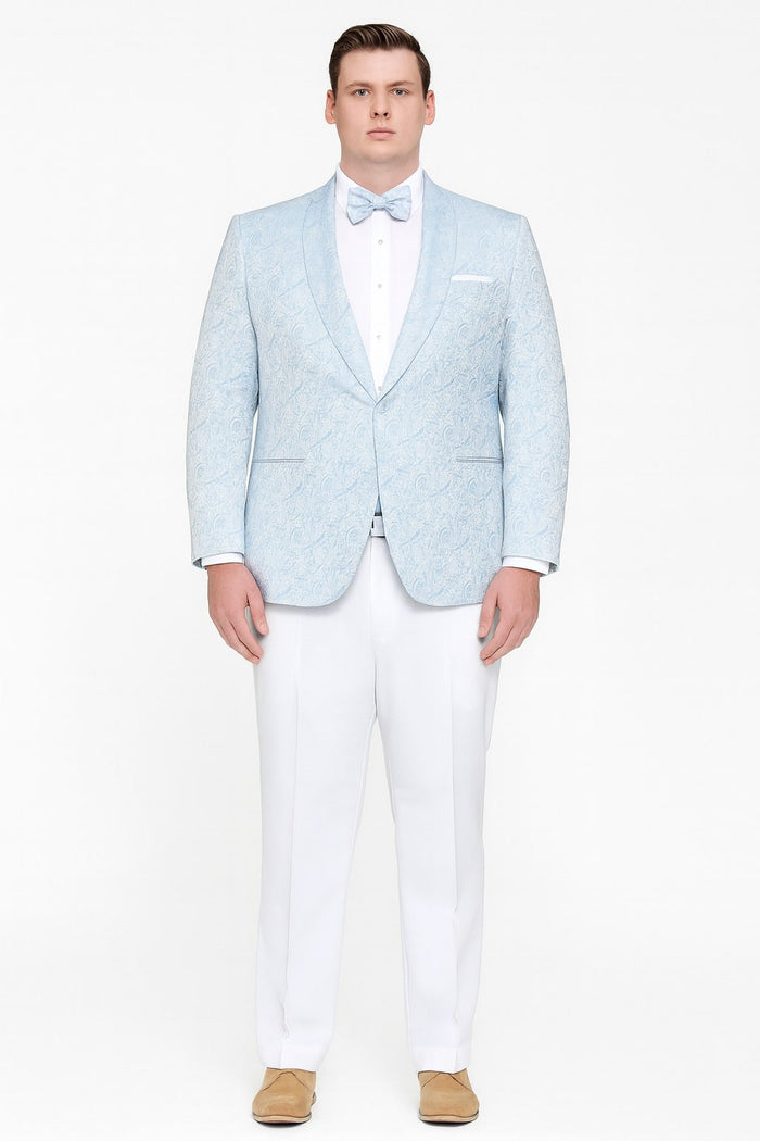 Mens Light Blue Paisley Tuxedo Jacket with Matching Bow Tie - Slim Fit Blazer for Weddings, Prom, and Formal Events by USA Men's Outlet
