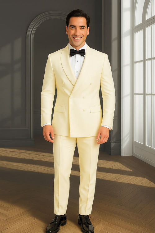 Mens Off-White Double Breasted Tuxedo Jacket with Shawl Lapel | Formal Wedding Suit in Ivory Cream Color