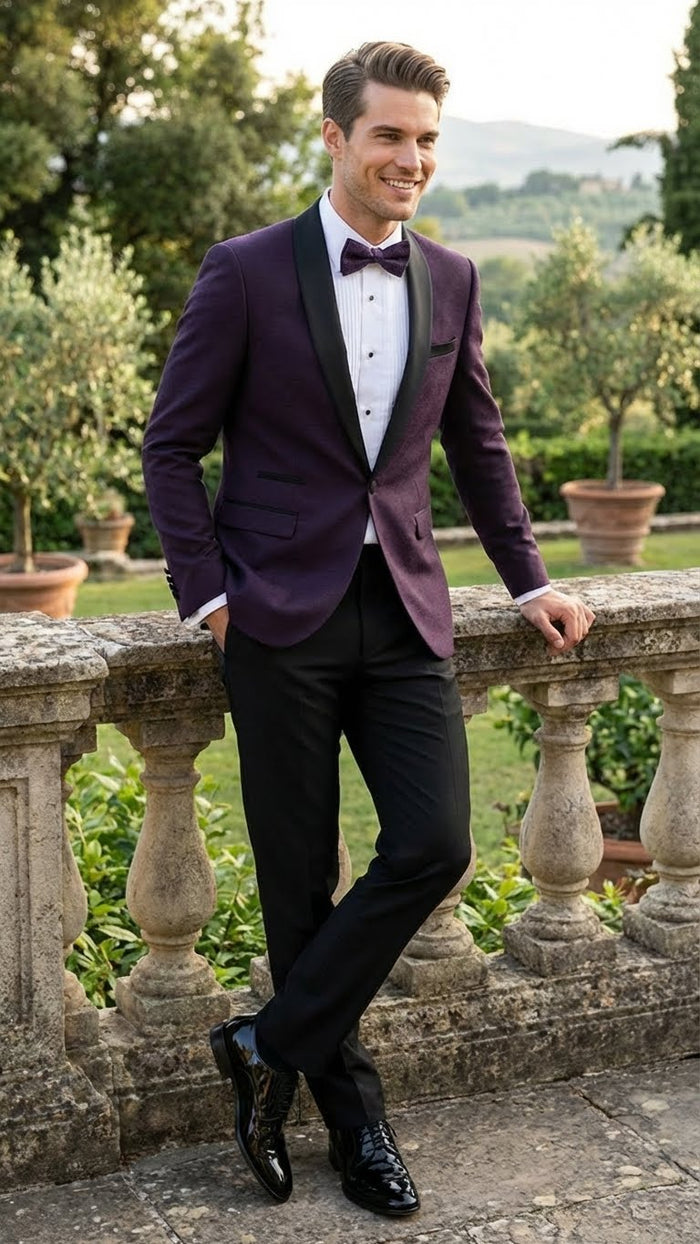 Men’s Eggplant Plum Purple Tuxedo Blazer with Satin Lapel, White Tuxedo Shirt and Matching Purple Bow Tie - Slim Fitted - Prom wedding Suit With Pants USA Men's Outlet