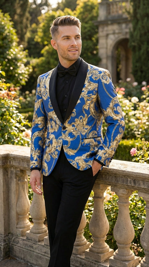 Men’s Royal Blue and Gold Blazer Jacket – Luxury Floral Pattern Tuxedo Blazer, Formal Party Wedding Dinner Jacket, Stylish Evening Wear
