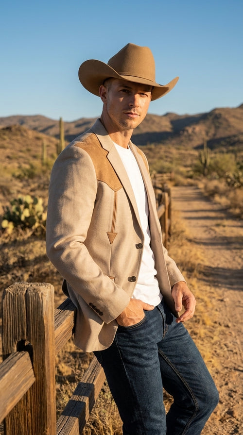 Men’s Khaki Western Blazer – Cowboy Sport Coat with Suede Yoke Detail