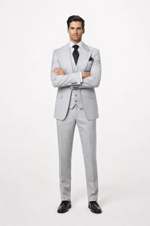 Suits With Baggy Pleated Pants - Wide Leg Pants 100% Wool - Classic Fit in Grey One Button 3 Piece Suit by Rossiman USA Men's Outlet