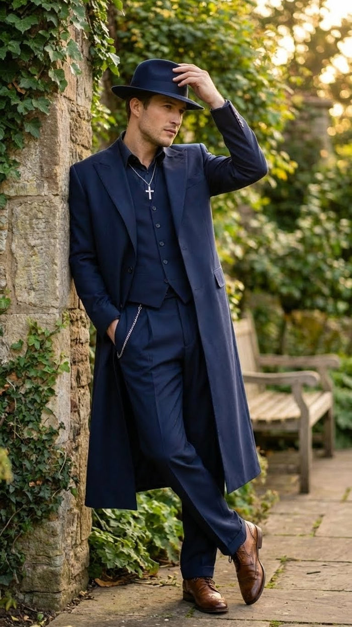 Men’s Navy Blue 1920s Zoot Suit - Long Mafia Gangster Three-Piece Vintage Costume Set Zuit Pachuco Style USA Men's Outlet