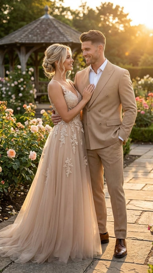Vitali Brand Men’s Beige Double Breasted Suit - Classic Wedding, Prom & Party Wear Formal Outfit Khaki Camel Color USA Men's Outlet