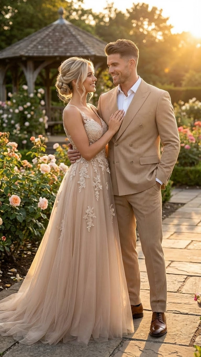 Vitali Brand Men’s Beige Double Breasted Suit - Classic Wedding, Prom & Party Wear Formal Outfit Khaki Camel Color USA Men's Outlet