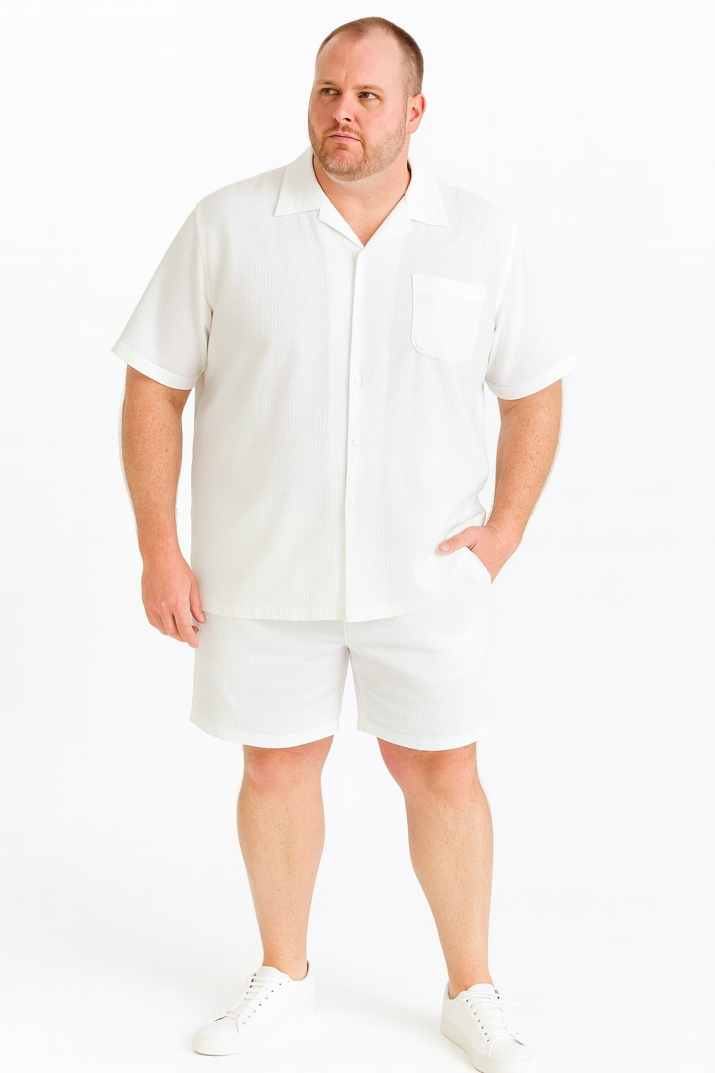 Mens White Seersucker Short Set - Lightweight Summer Outfit with Shirt and Shorts by USA Men's Outlet