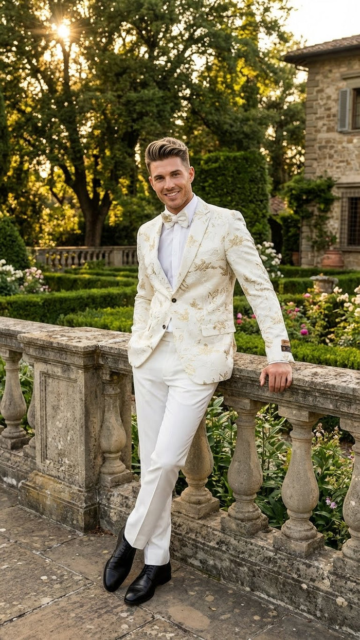 Men’s White and Gold Patterned Blazer - Paisley Floral Pattern Prom Wedding Suit Tuxedo Dinner Jacket + Bowtie by USA Men's Outlet