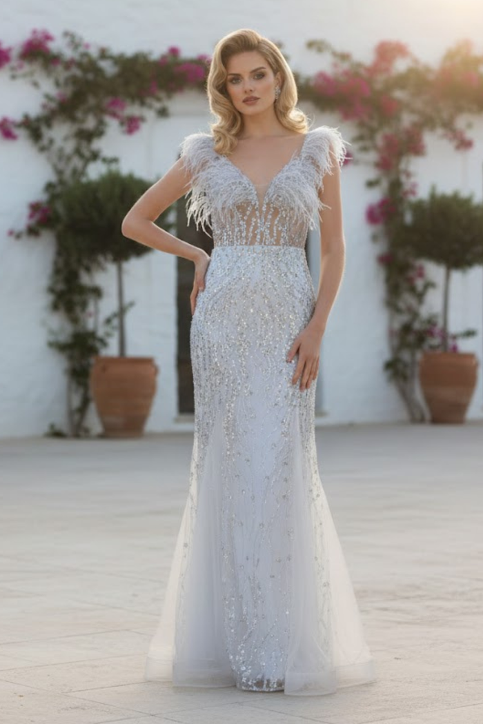 V-Neck Corset Bodice Feather Evening Long Dress