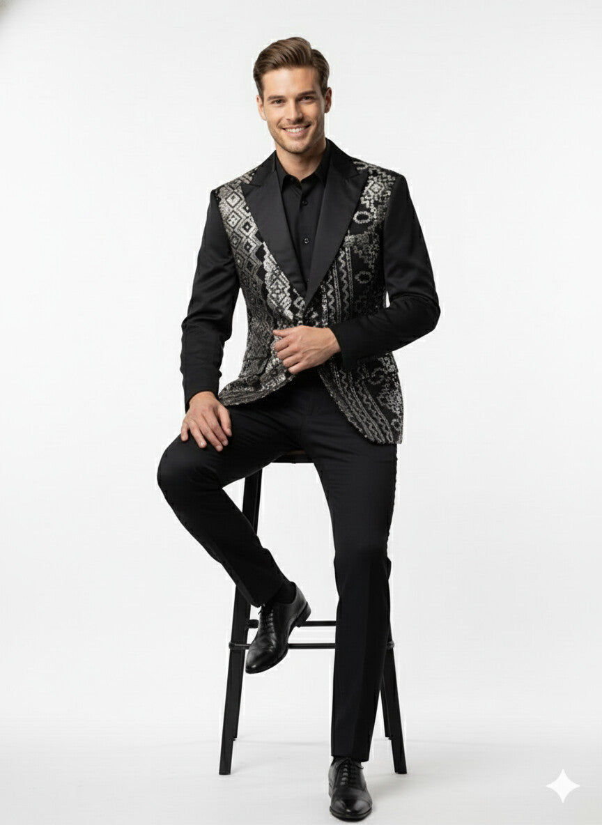 Mens Black and White and Silver Sequin Embroidered Blazer – Luxury Designer Party Wear with Geometric Detailing