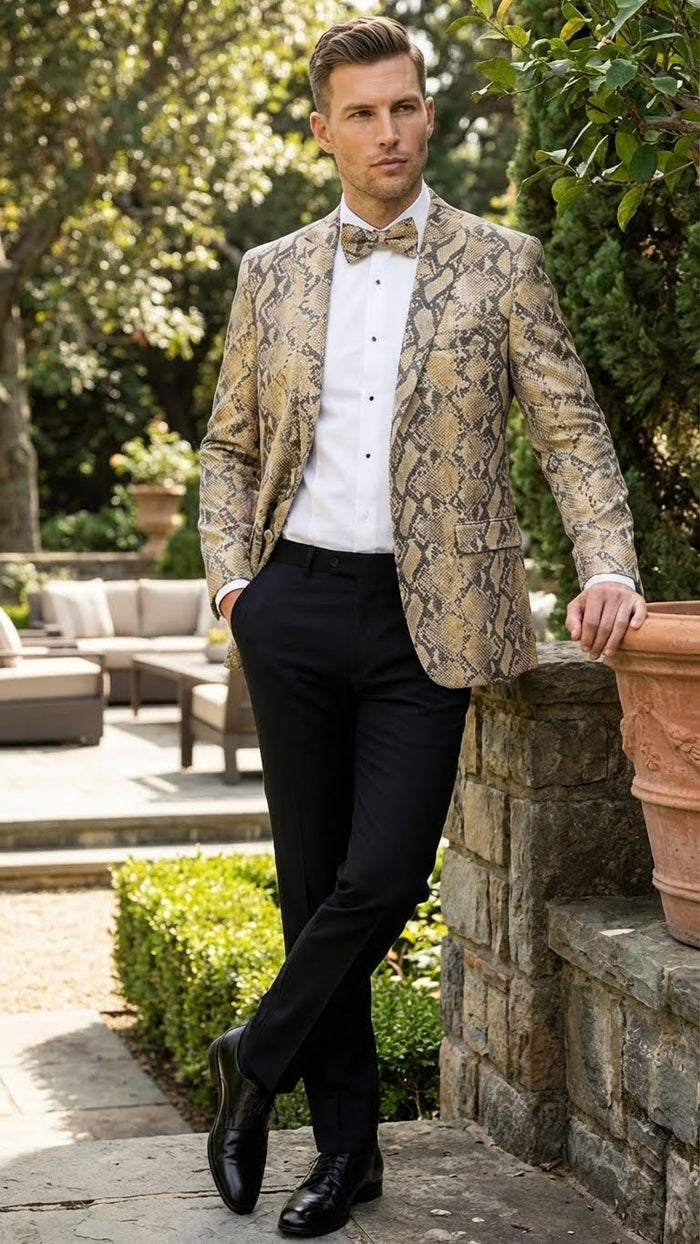 Men’s Beige and Black Snakeskin Print Blazer - Alligator Crocodile Exotic Sking Sport Coat Jacket in Tan Camel Color USA Men's Outlet