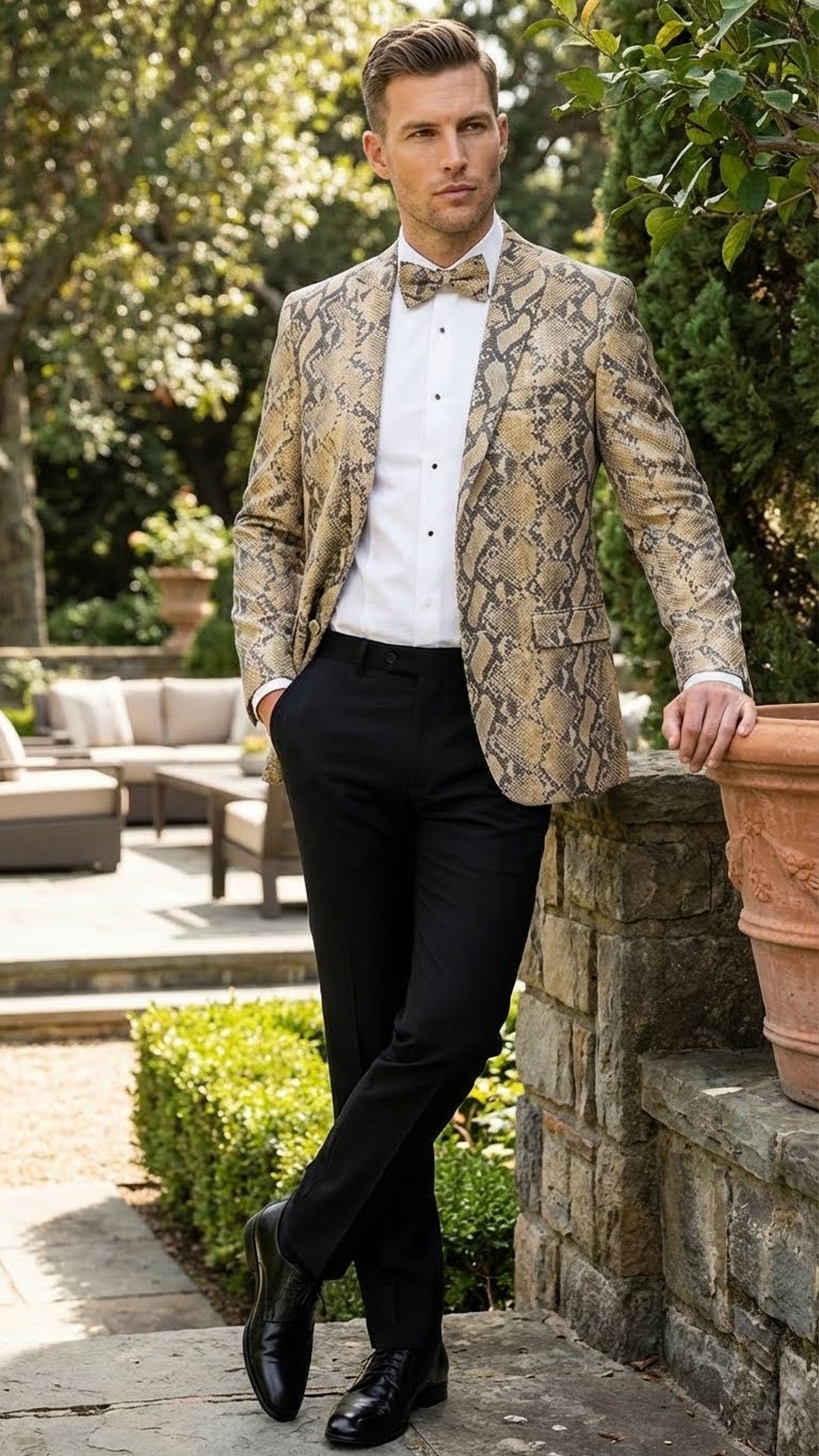 Men’s Beige and Black Snakeskin Print Blazer - Alligator Crocodile Exotic Sking Sport Coat Jacket in Tan Camel Color USA Men's Outlet