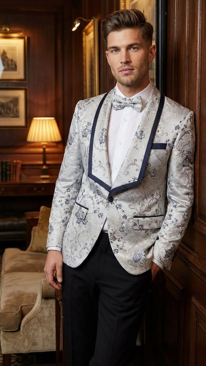 Men’s White and Navy Blue Lapel Floral Jacquard Blazer with Contrast Shawl Lapel - Luxury Wedding and Party Wear Jacket paisley Tuxedo Navy Pants by USA Men's Outlet