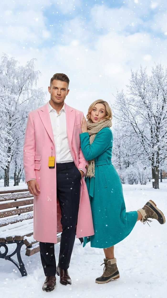 Men’s Pink Wool Blend Long Overcoat - Slim Fit Tailored Winter Coat - Carcoat - Topcoat by USA Men's Outlet